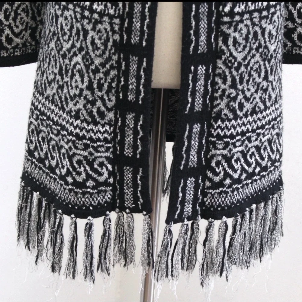 Chico’s Women’s Size 3 (XL) Black Gray Open Front Fringe Cardigan Boho Sweater